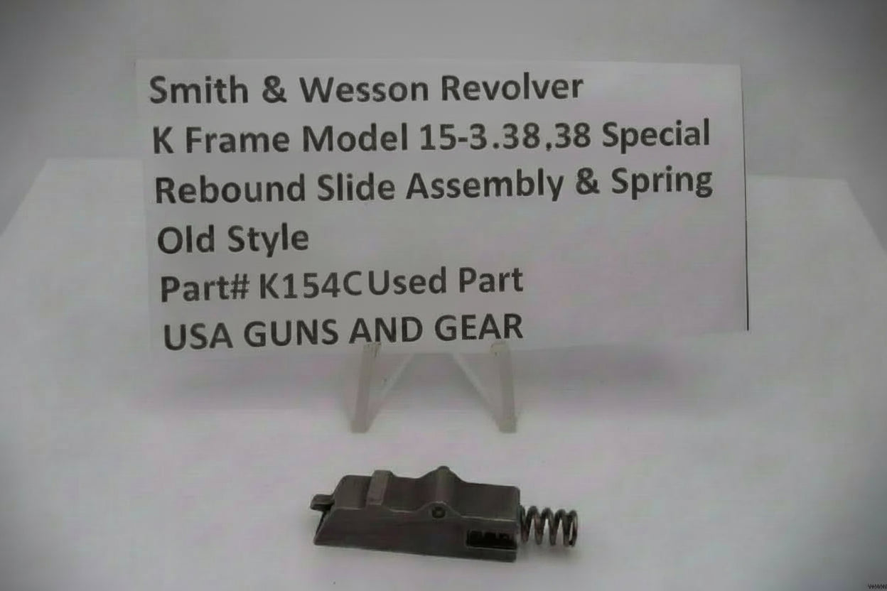 Smith & Wesson revolver K Frame Model 12 .38 Special rebound slide assembly & spring on a white background with text label.