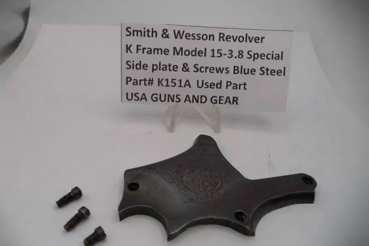 Smith & Wesson revolver K Frame Model 15 .38 Special side plate and screws on a white background with a label.