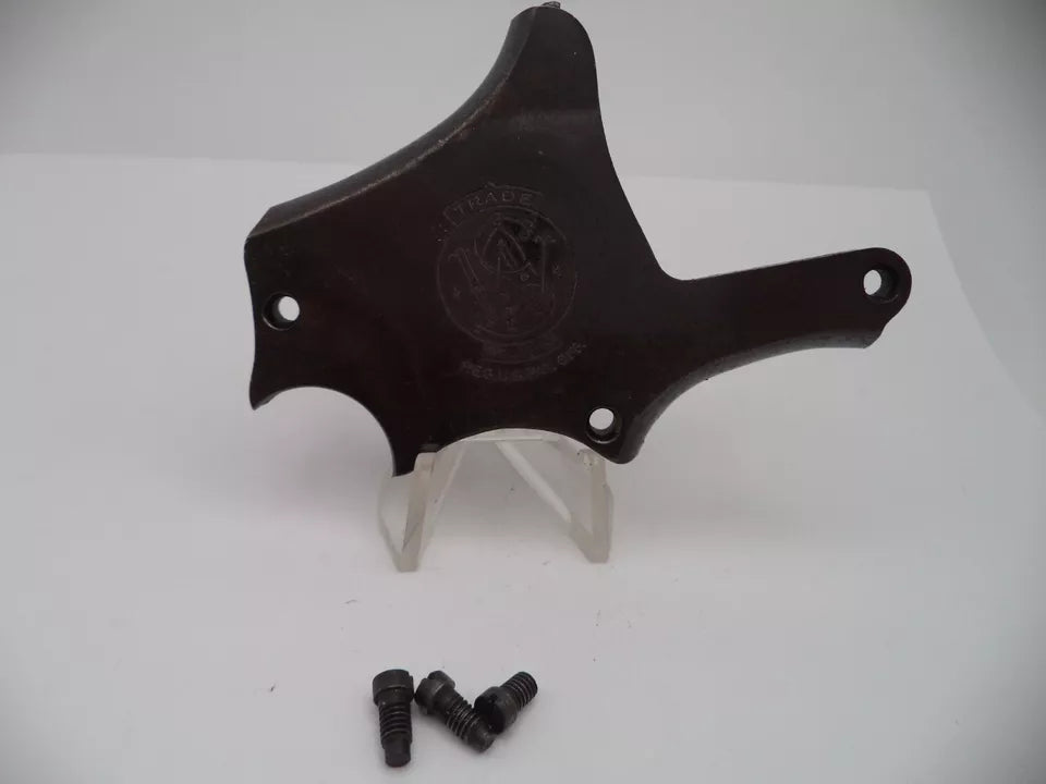 Black metal bracket with screws on a white background