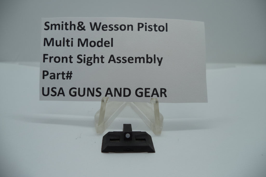 Smith & Wesson Pistol Multi Model Front Sight Assembly, part number 239430000, displayed on a white stand with pricing and product information sign above it.