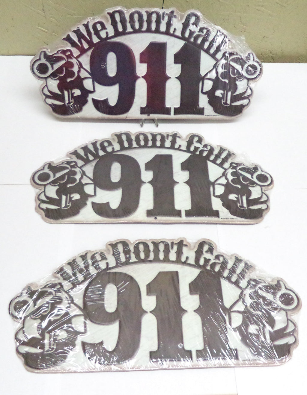 We Don't Call 911 Tin Signs 3-Pack - Dual Revolver Gun Warning 13.75"x6.25"