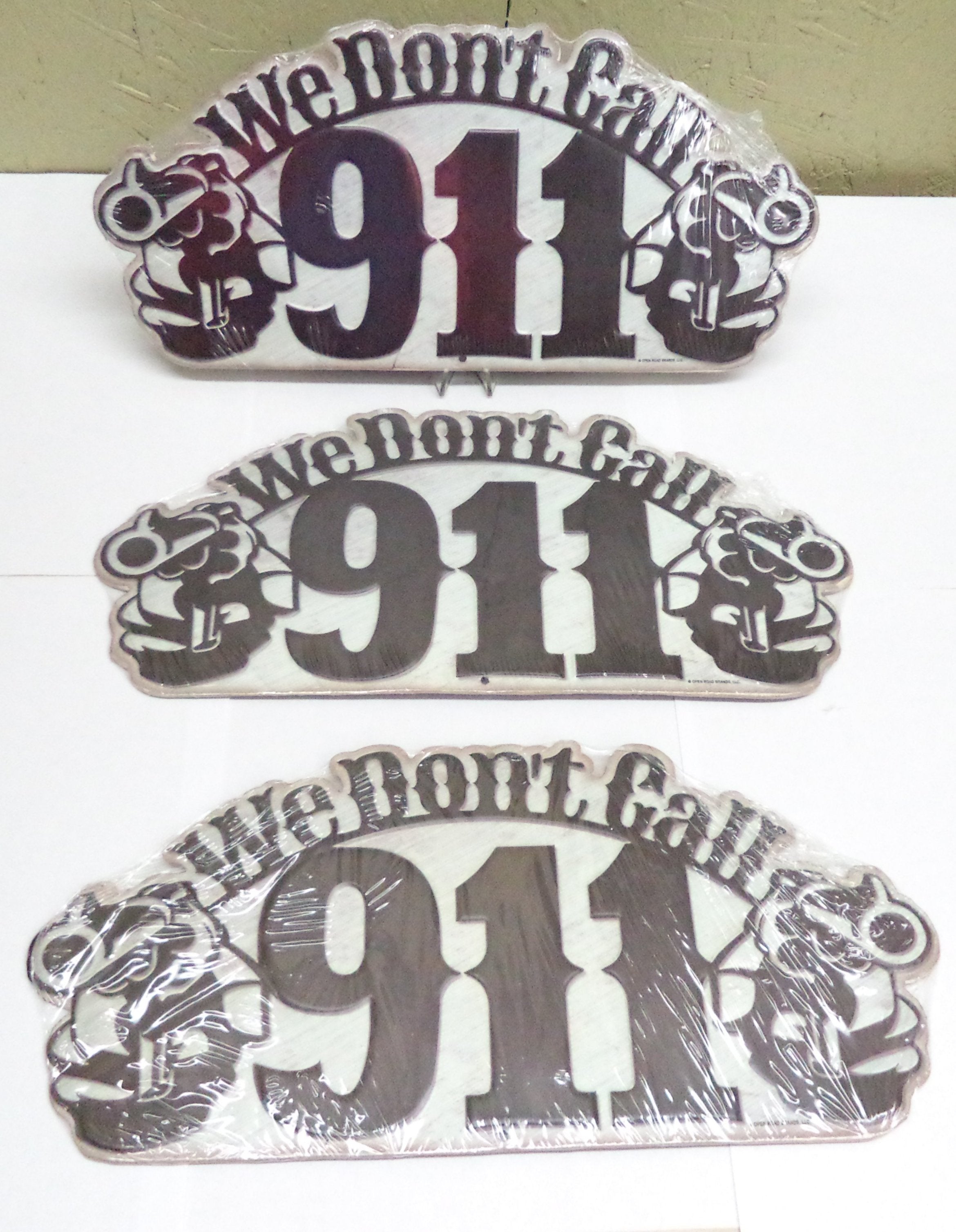 We Don't Call 911 Tin Signs 3-Pack - Dual Revolver Gun Warning 13.75"x6.25"