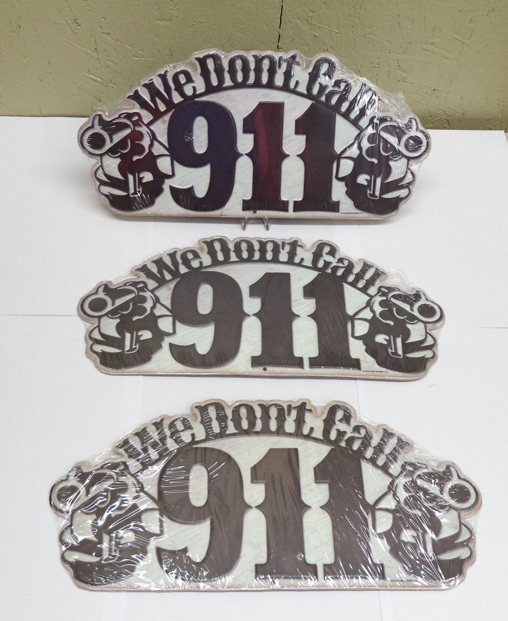 We Don't Call 911 Tin Signs 3-Pack - Dual Revolver Gun Warning 13.75"x6.25"