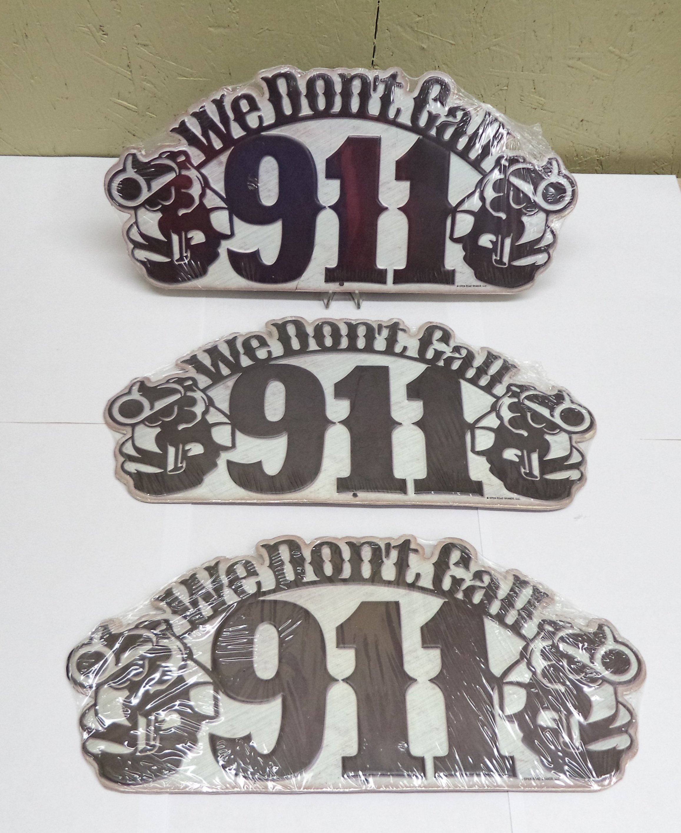 We Don't Call 911 Tin Signs 3-Pack - Dual Revolver Gun Warning 13.75"x6.25"