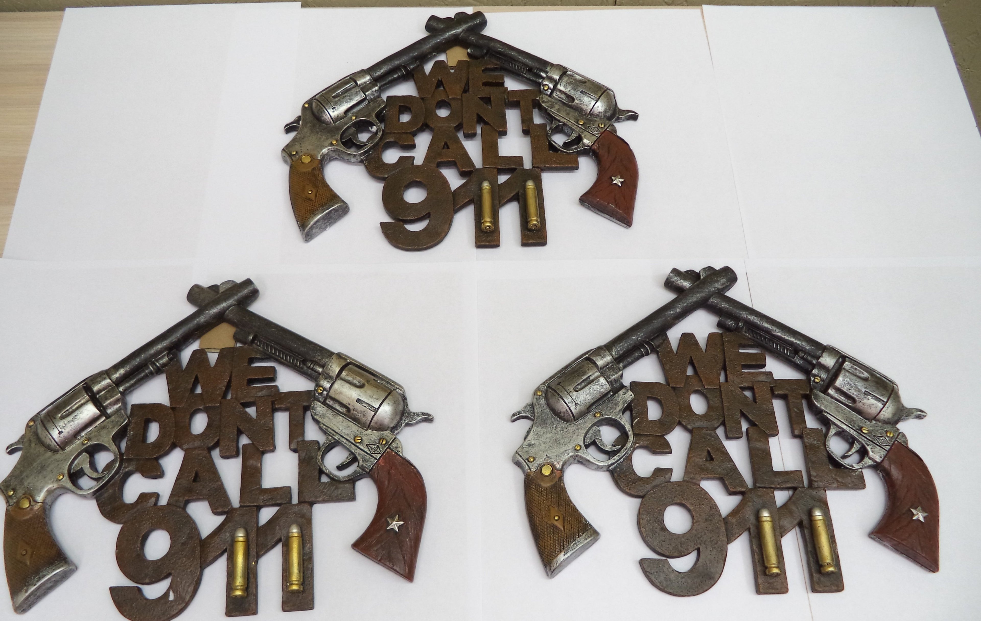 Dual Revolver Decor Quantity of 3 "We Don't Call 911"  11" x 9"  Western Charm