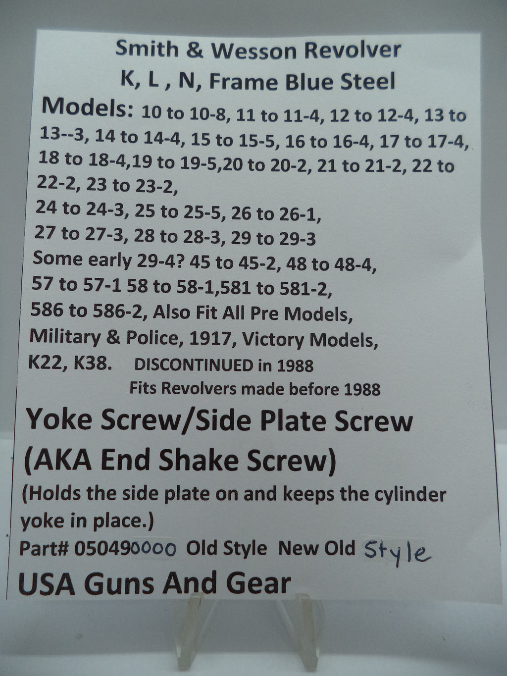 S&W K L N Frame All Models Side Plate Yoke End shake Screw 050490000