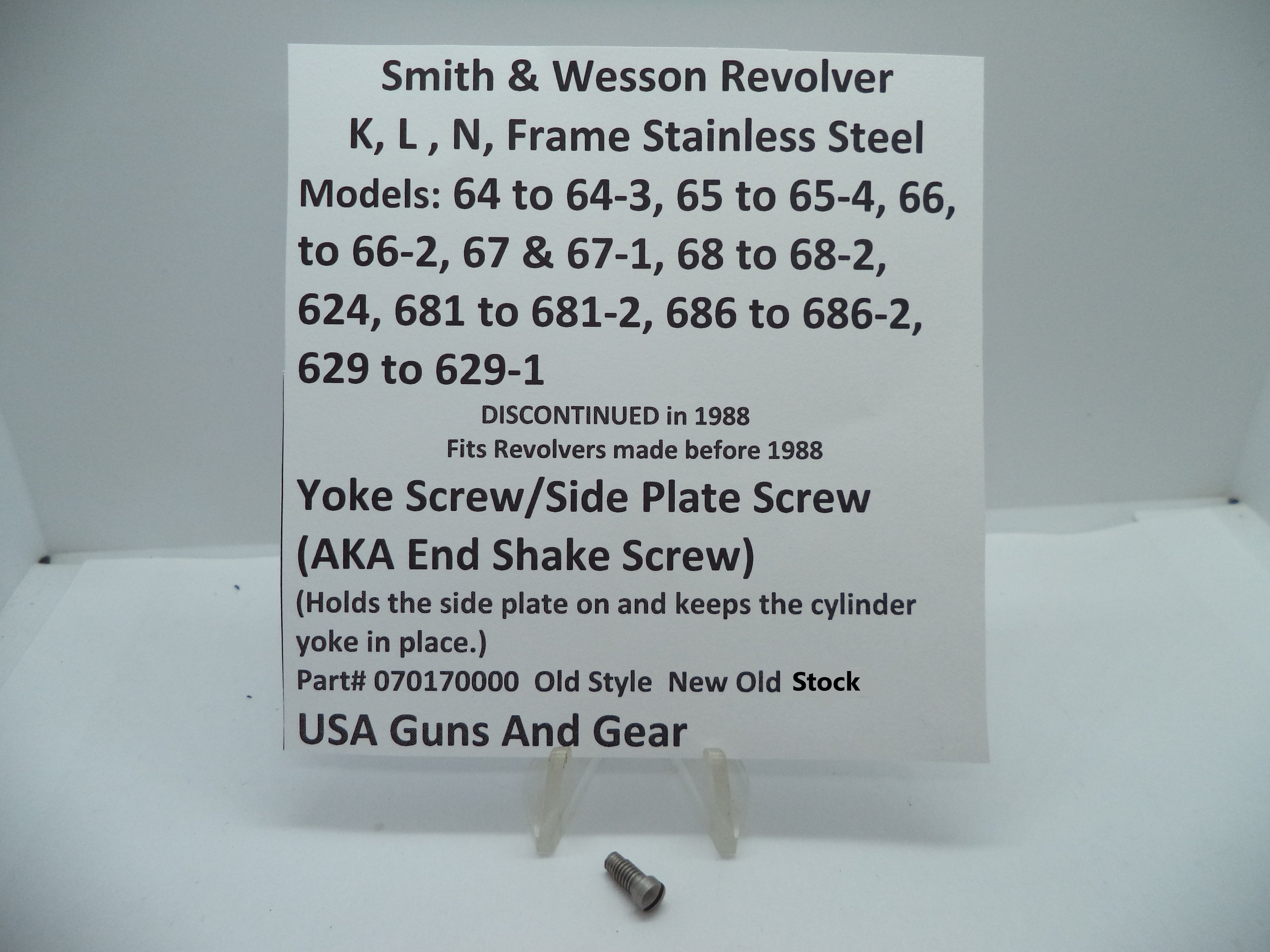S&W Yoke Screw Side Plate Screw Stainless K L N Frame Old Style - 070170000