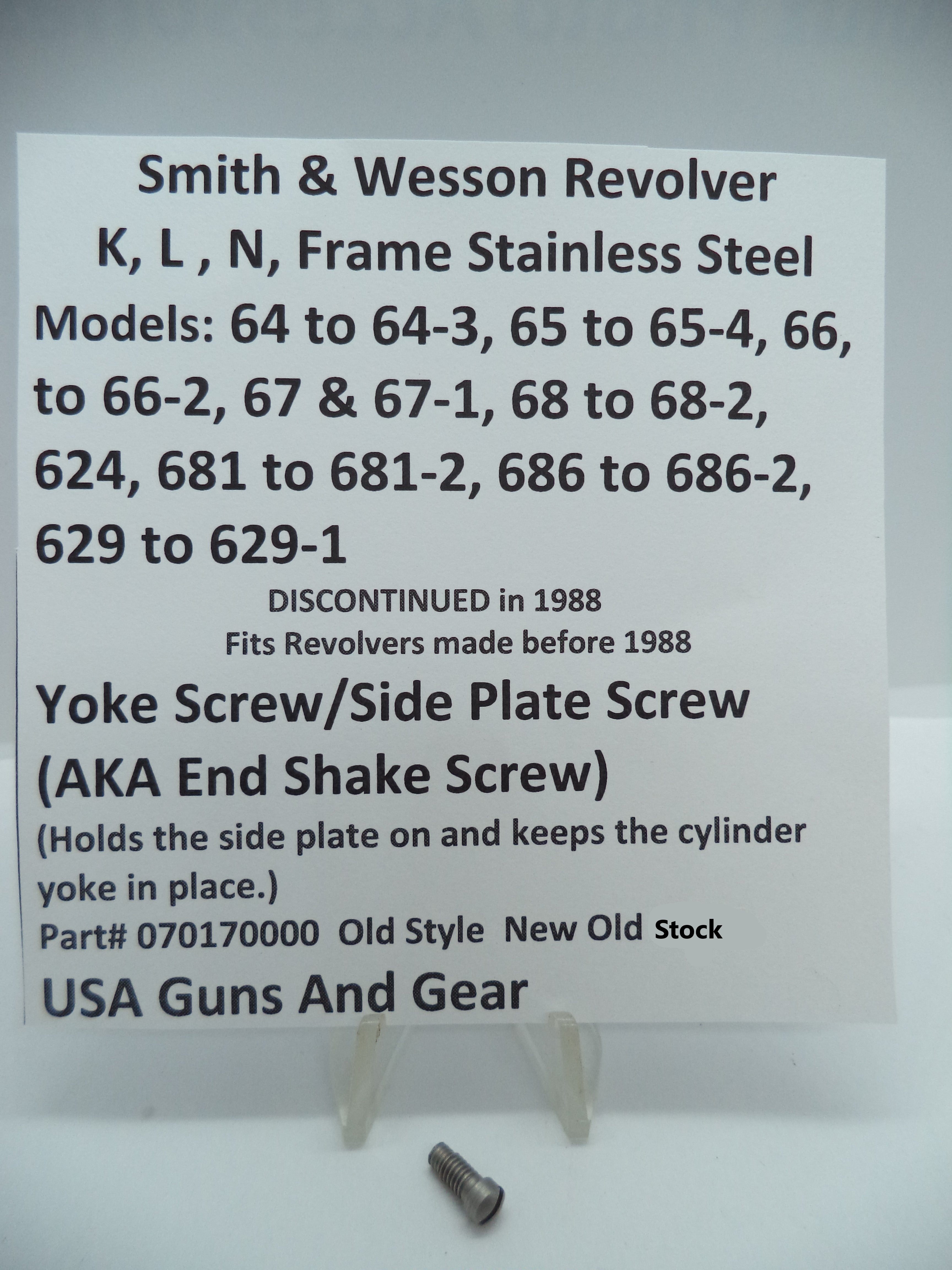 S&W Yoke Screw Side Plate Screw Stainless K L N Frame Old Style - 070170000