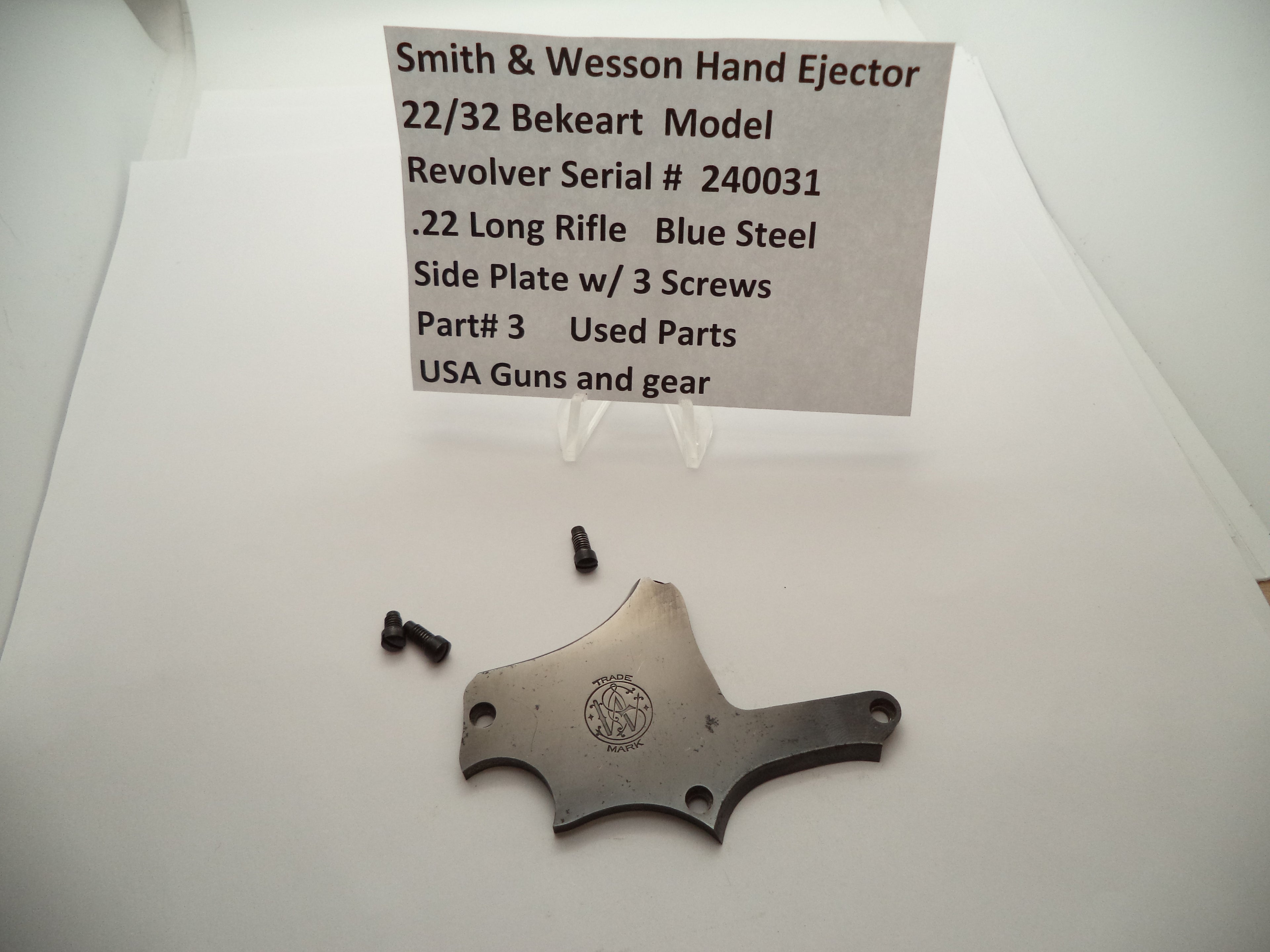 3 Smith & Wesson Revolver 22/32 Bekeart Part .22 LR Side Plate W/ Screws Rare Vi