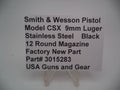 3015283 Smith & Wesson Model CSX Stainless Steel Black 12 Rd Magazine 9mm