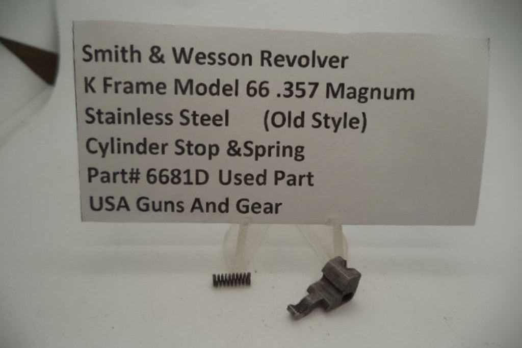 The image shows a Smith & Wesson K Frame Model 66 Cylinder Stop & Spring used part, with the text indicating the model number, caliber, material, and usage information.