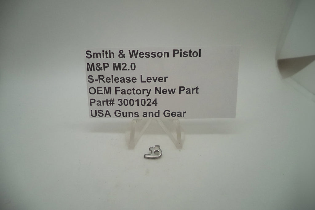Smith & Wesson Pistol M&P M2.0 S-Release Lever, displayed on a stand with product information label.
