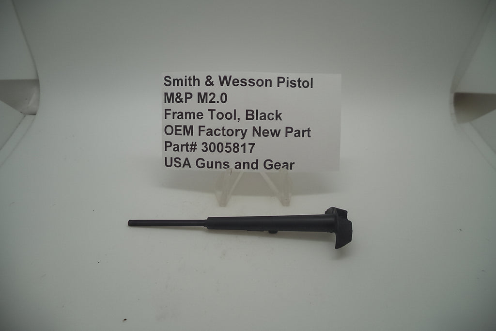 Smith & Wesson black frame tool for M&P M2.0 pistol displayed on a white background with a label detailing product information.