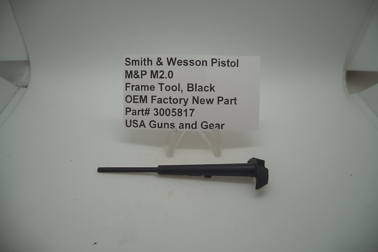 Smith & Wesson black frame tool for M&P M2.0 pistol displayed on a white background with a label detailing product information.