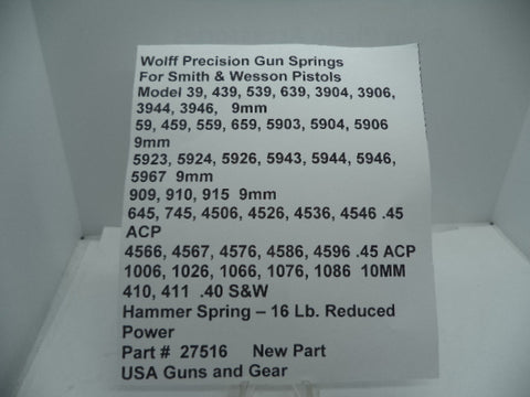 27516 Wolff for S&W Pistol Hammer Spring Model 39, 439, 539, 639, 3904, 3906, 3944, 3946 9mm