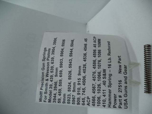 Wolff Hammer Spring for S&W Pistols - 16 LB | 39/439/539/639/3904/3906/3944/3946 | 9mm | Part 27516