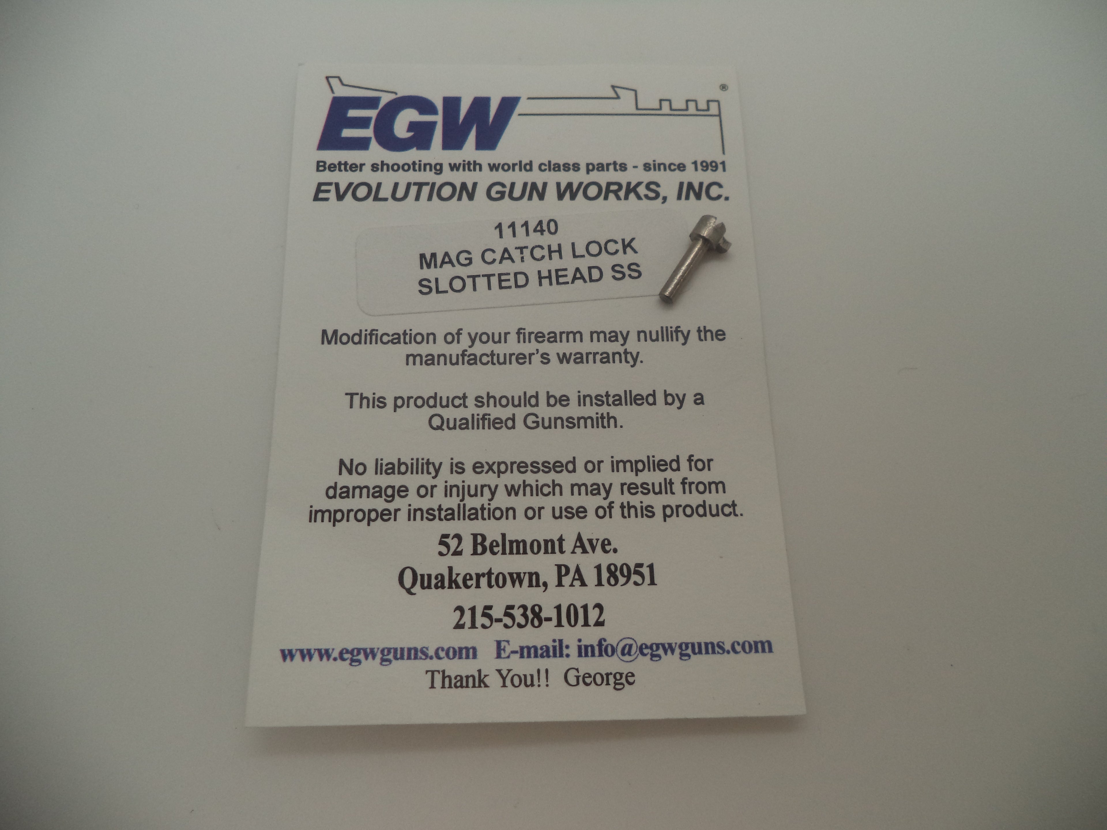 11140 Model 1911 Magazine Catch Lock Slotted Head Stainless Steel