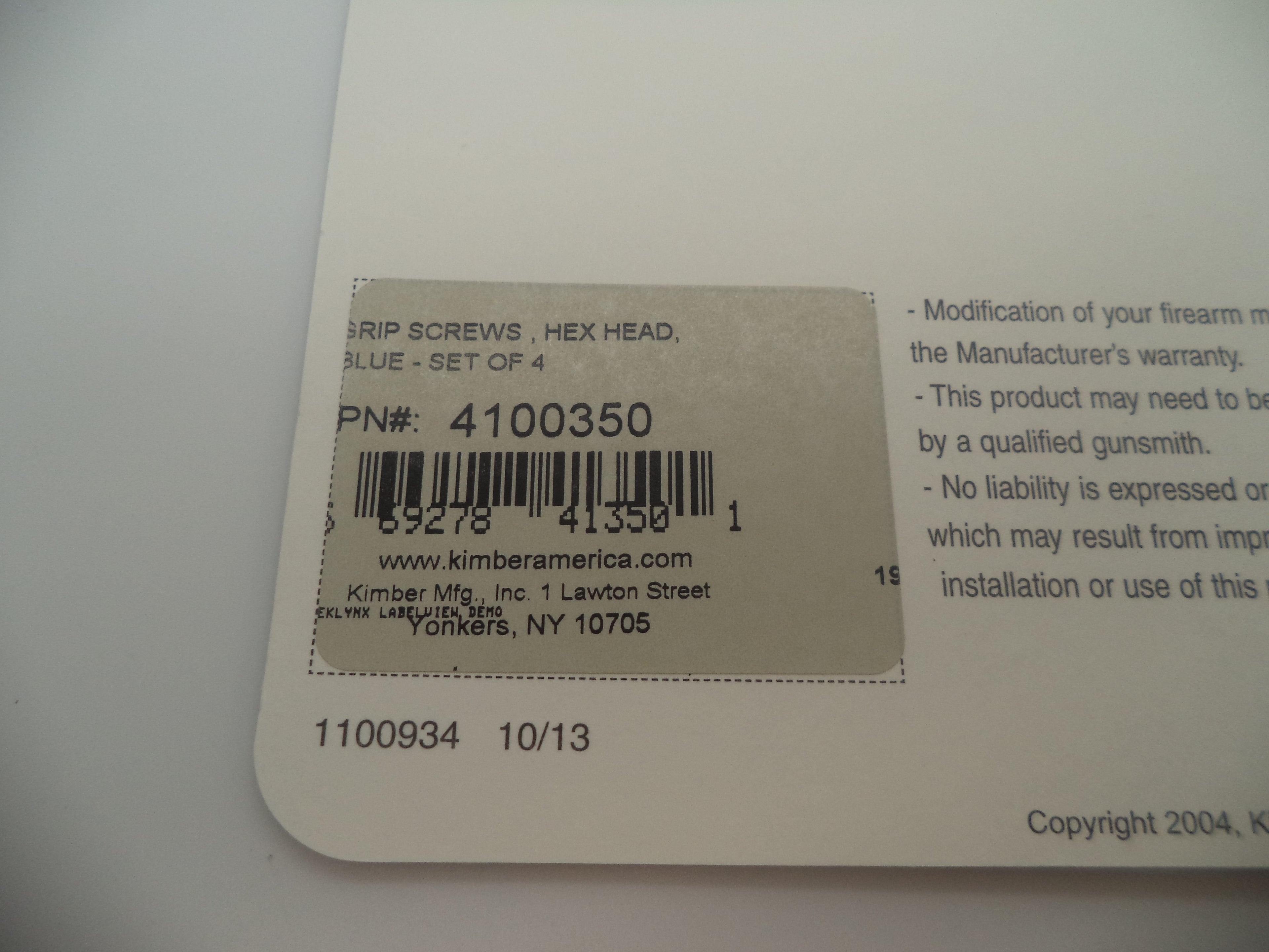 4100350 Kimber Model 1911 Hex Head Blue Grip Screws New - Set of 4