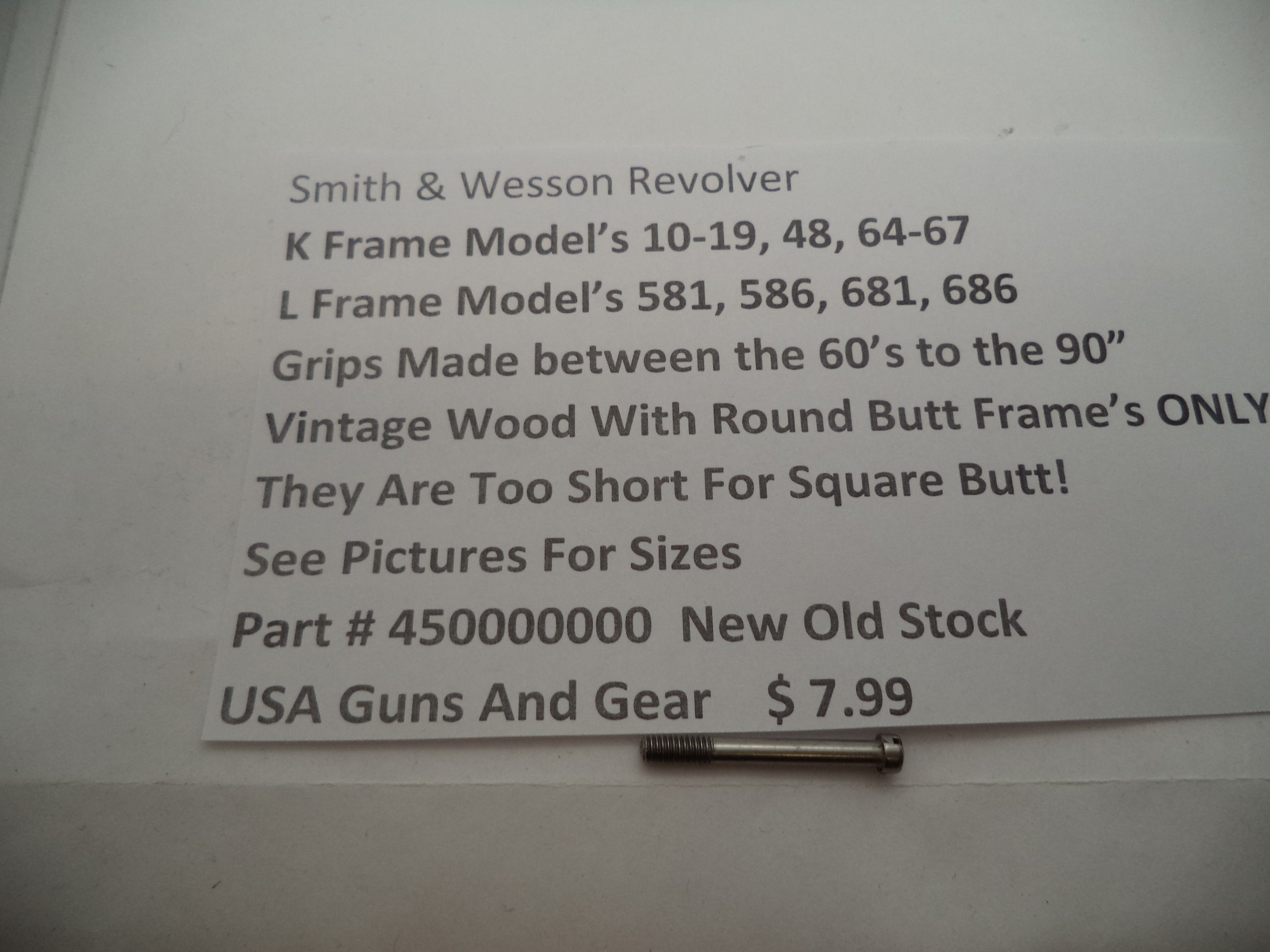 Smith & Wesson K & L Frame Round Butt Wood Grip Screw - Factory NOS 450000000
