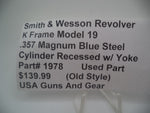 1978 Smith & Wesson K Frame Model 19 Recessed Cylinder With Yoke Blue  .357 Magnum Used