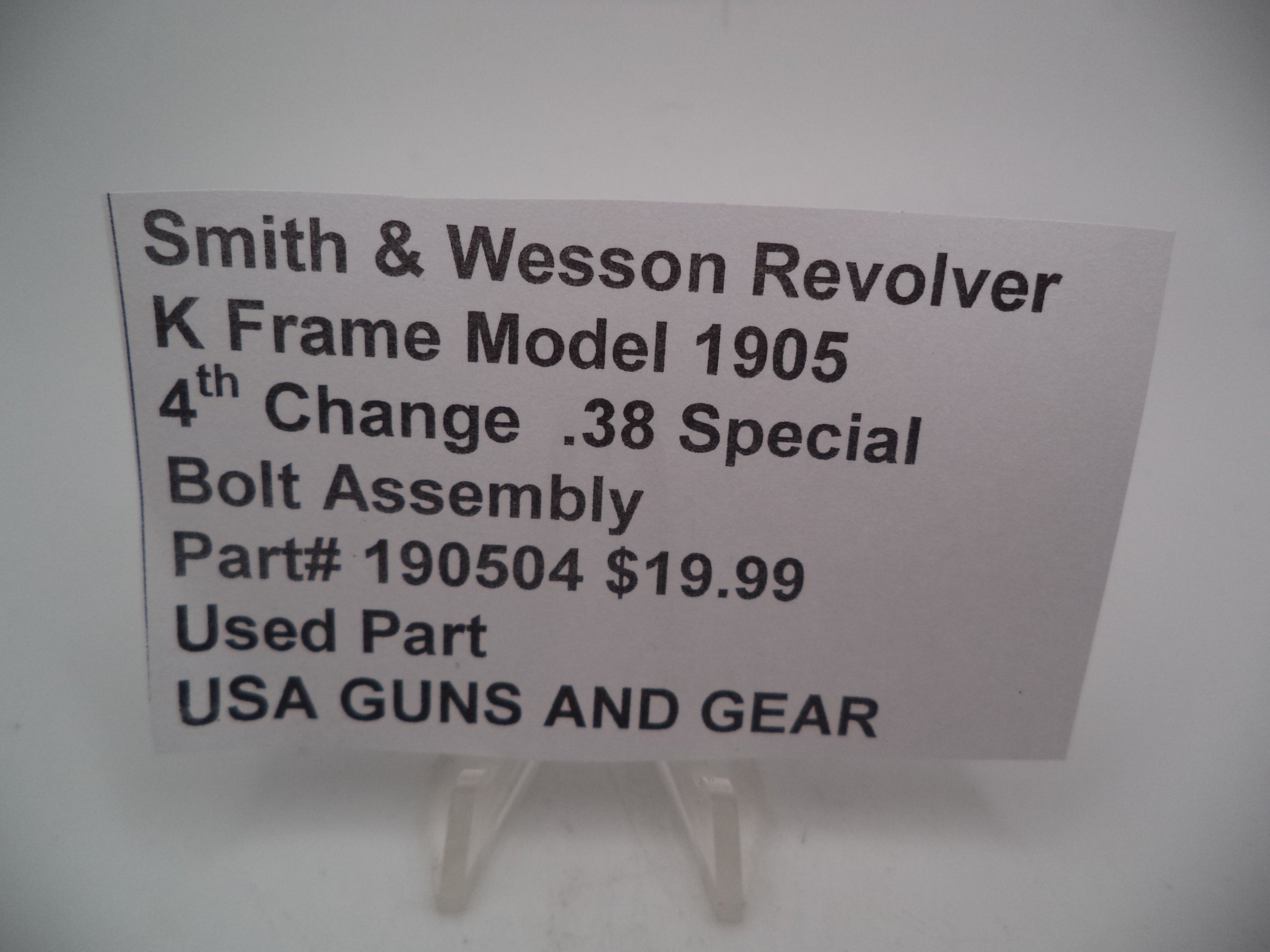 190504 Smith & Wesson K Frame Model 1905 4th Change Bolt Assembly .38 Special Used
