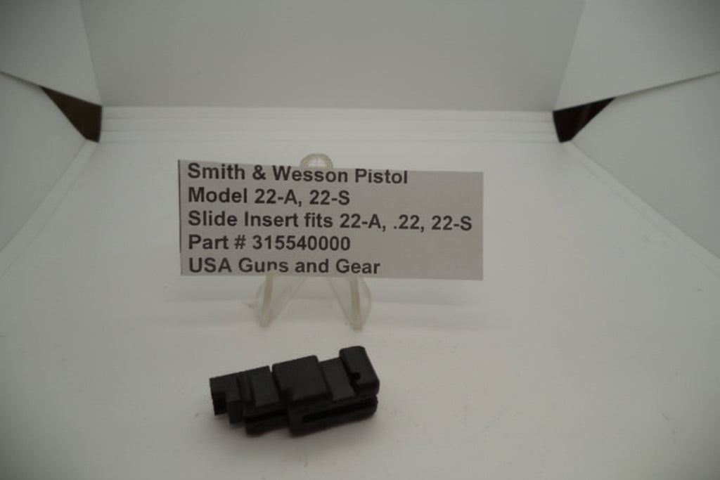 Smith & Wesson Pistol Model 22A, 22S Slide Insert displayed on a white stand with a label detailing product information.