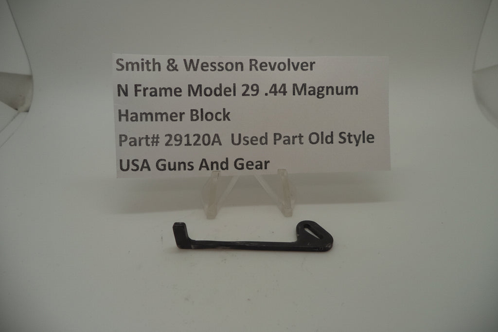 Smith & Wesson N Frame Model 29 44 Magnum Hammer Block used part, displayed on a white background with a label providing product details.
