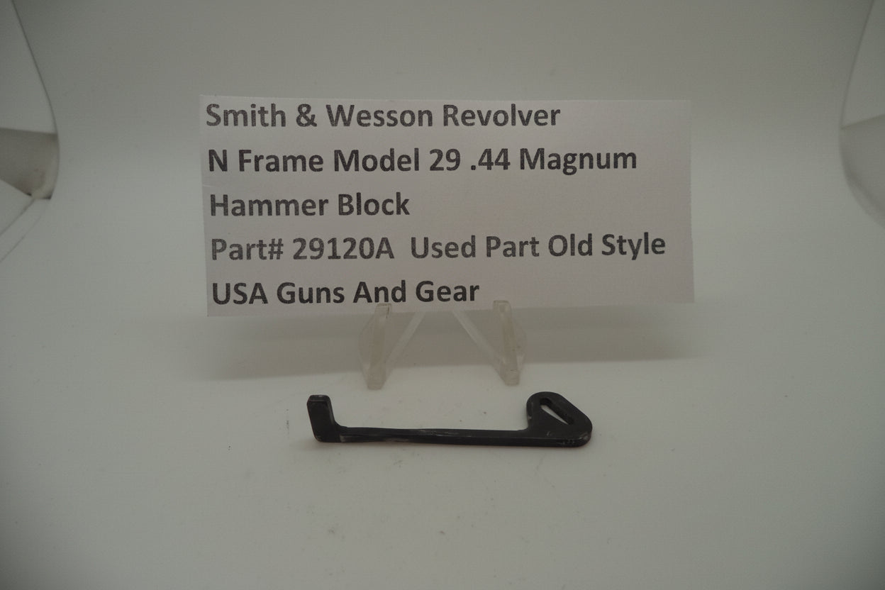 Smith & Wesson N Frame Model 29 44 Magnum Hammer Block used part, displayed on a white background with a label providing product details.