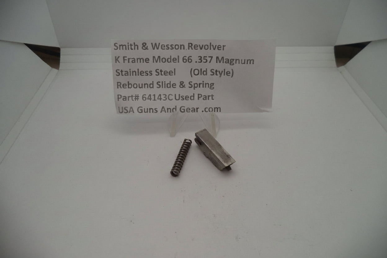 Smith & Wesson K Frame Model 66 Revolver.357 Magnum Stainless Steel Rebound Slide & Spring used part displayed on a white background with product information sign.