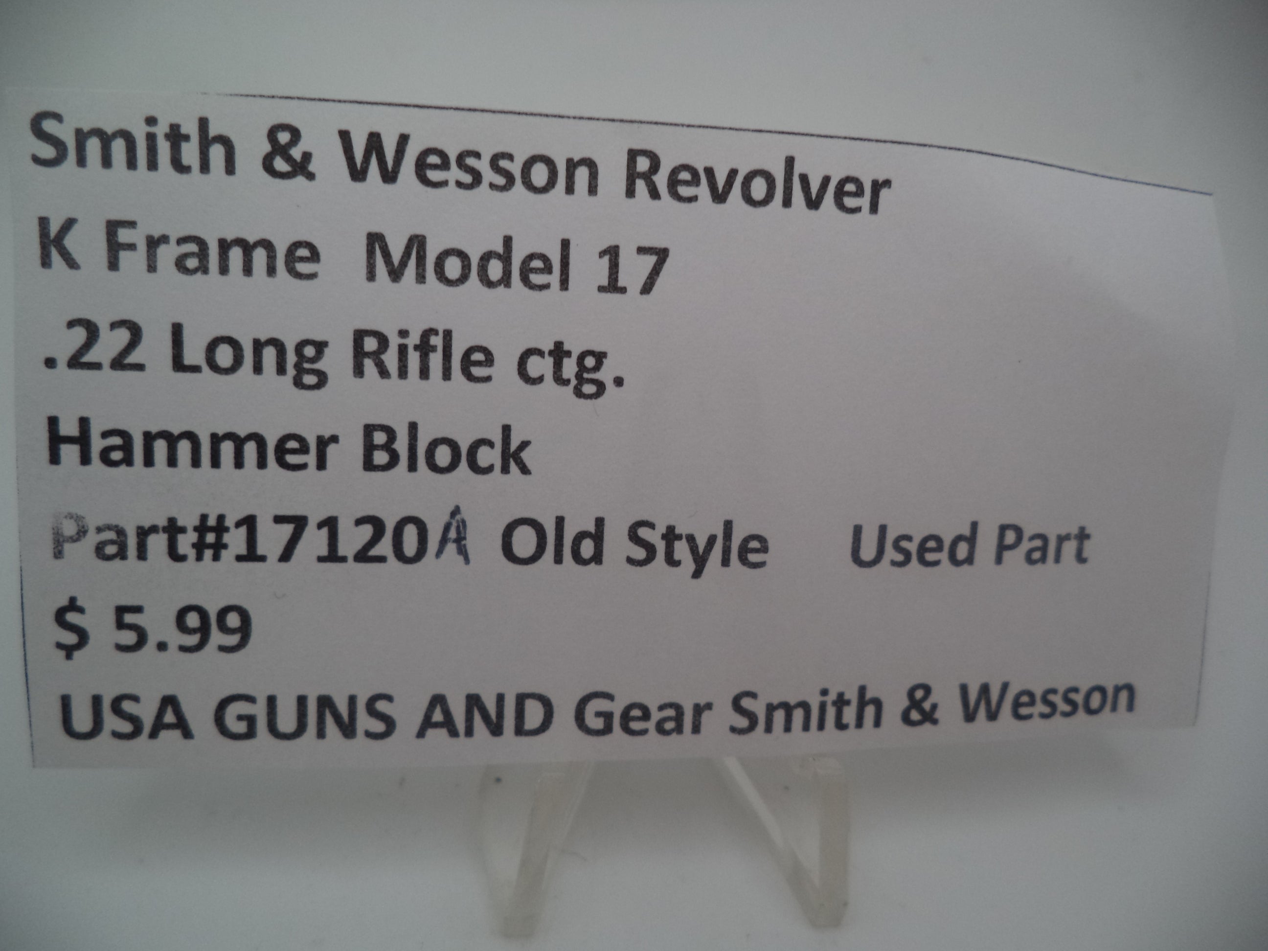 Smith & Wesson K Frame Model 17 Hammer Block .22 Long Rifle Old Style - 17120A