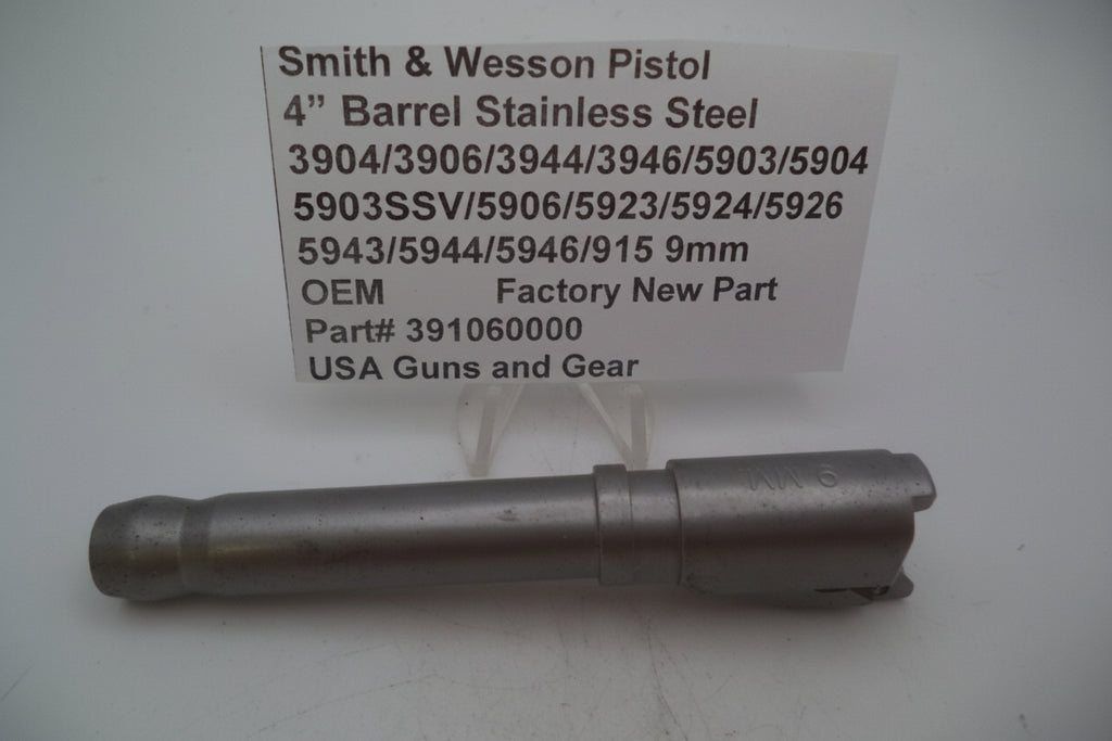 A 4-inch stainless steel pistol barrel for Smith & Wesson models, labeled as OEM factory new part.