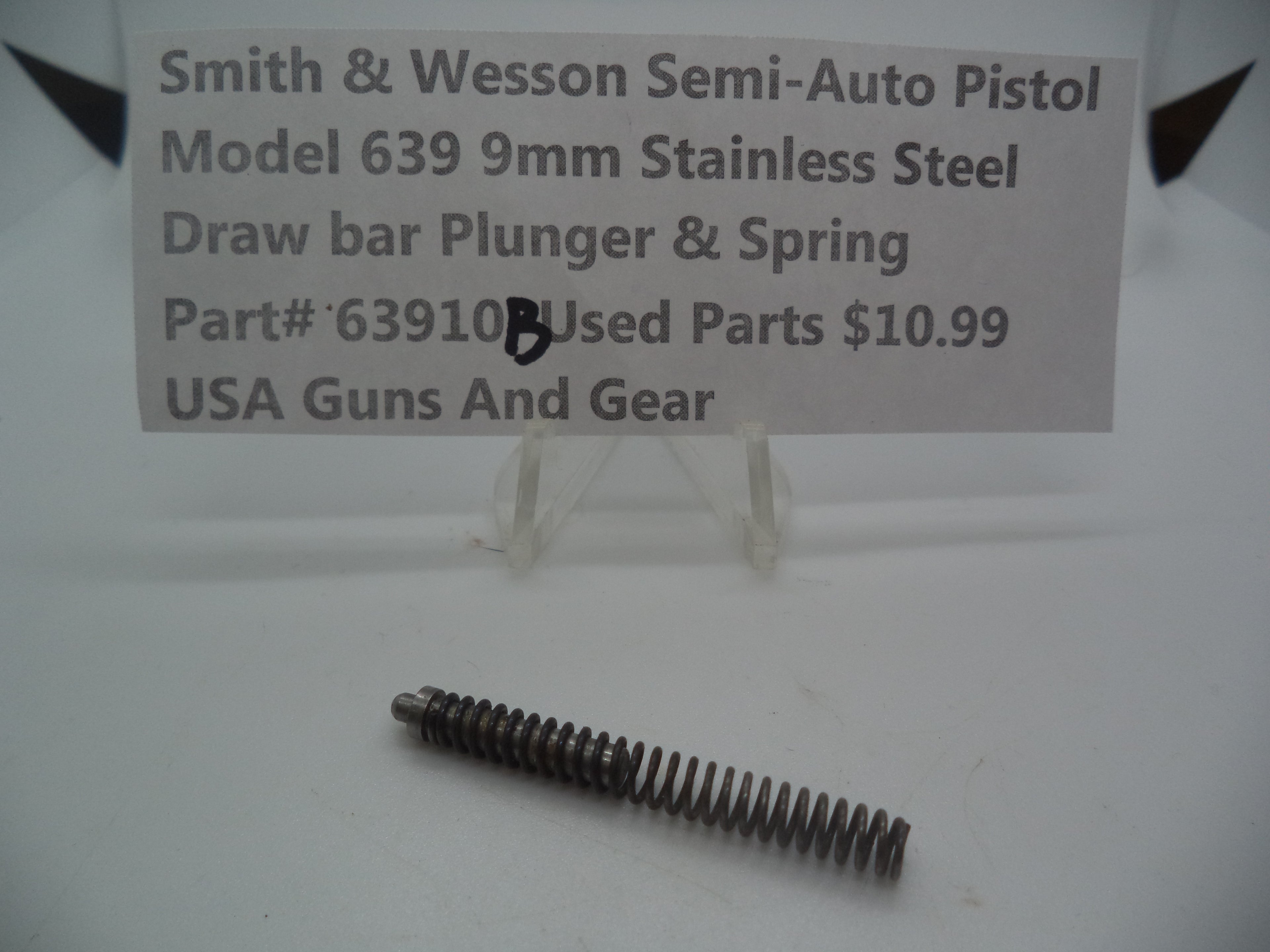 63910B Smith & Wesson Semi-Auto Pistol Model 639 Stainless Steel 9MM Draw Bar Plunger & Spring