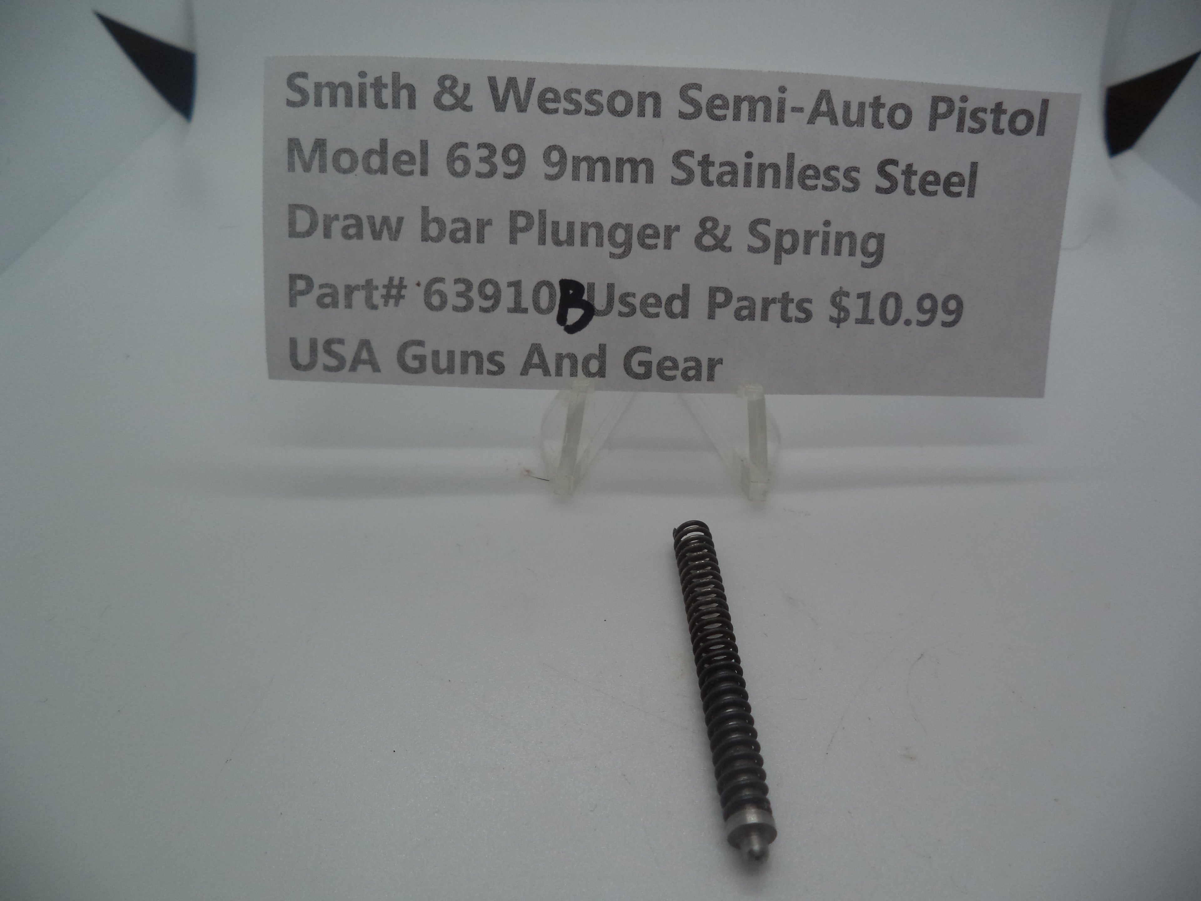 63910B Smith & Wesson Semi-Auto Pistol Model 639 Stainless Steel 9MM Draw Bar Plunger & Spring