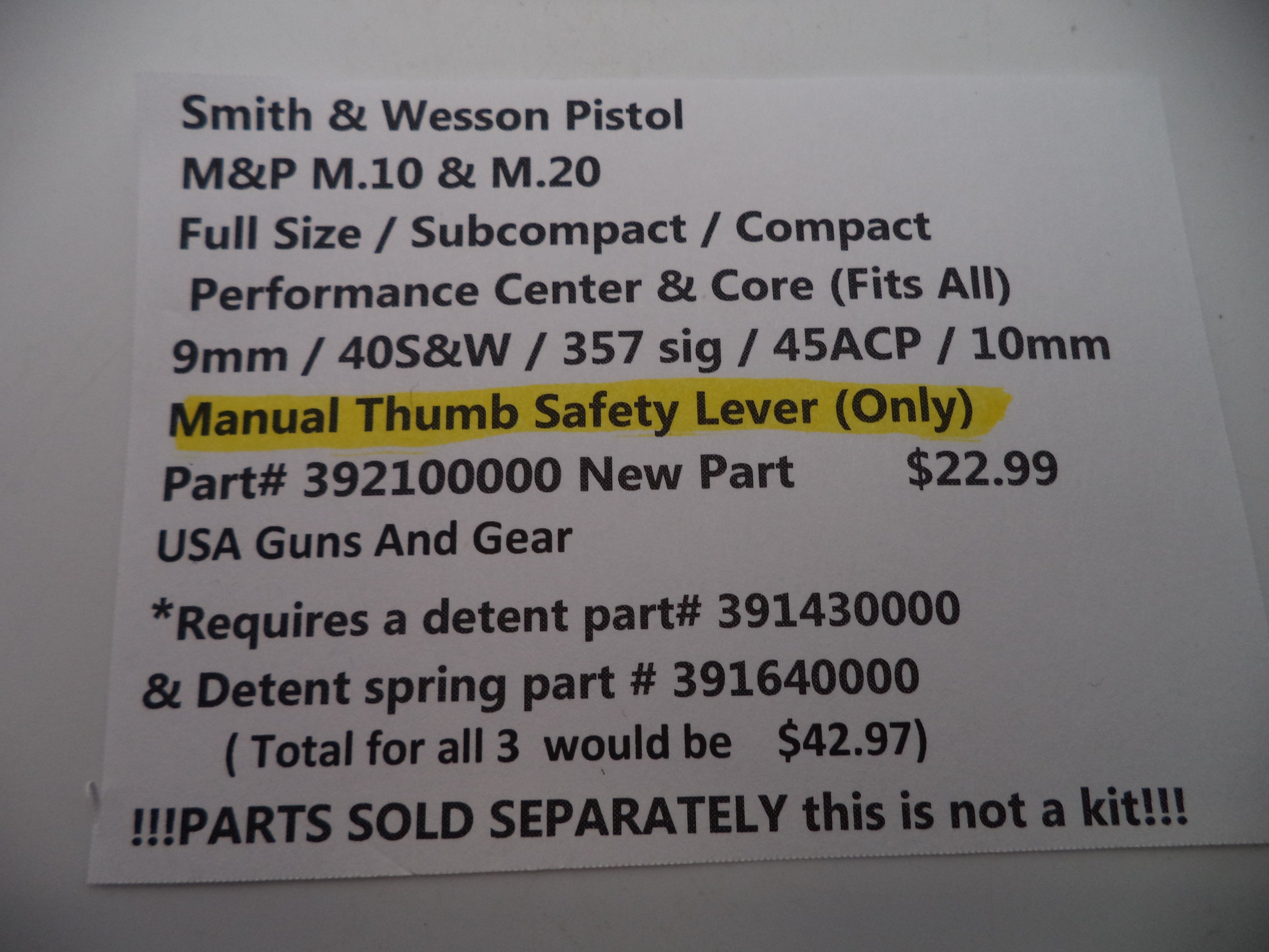 S&W M&P Manual Safety Lever All Calibers | OEM 392100000