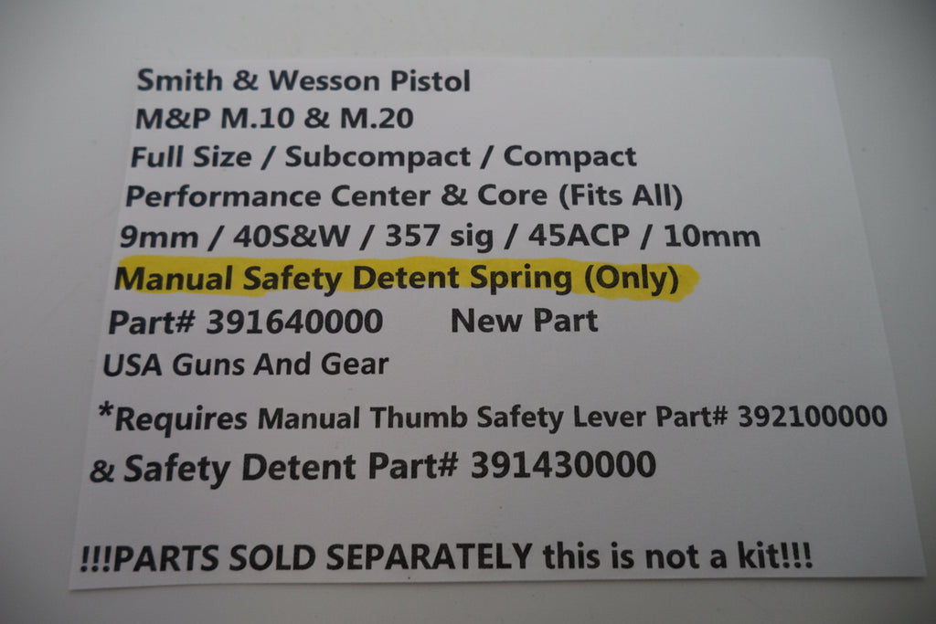 Smith & Wesson M&P Safety Detent Spring - 9mm/.40/.45 Shield & Compact - Factory OEM 391640000