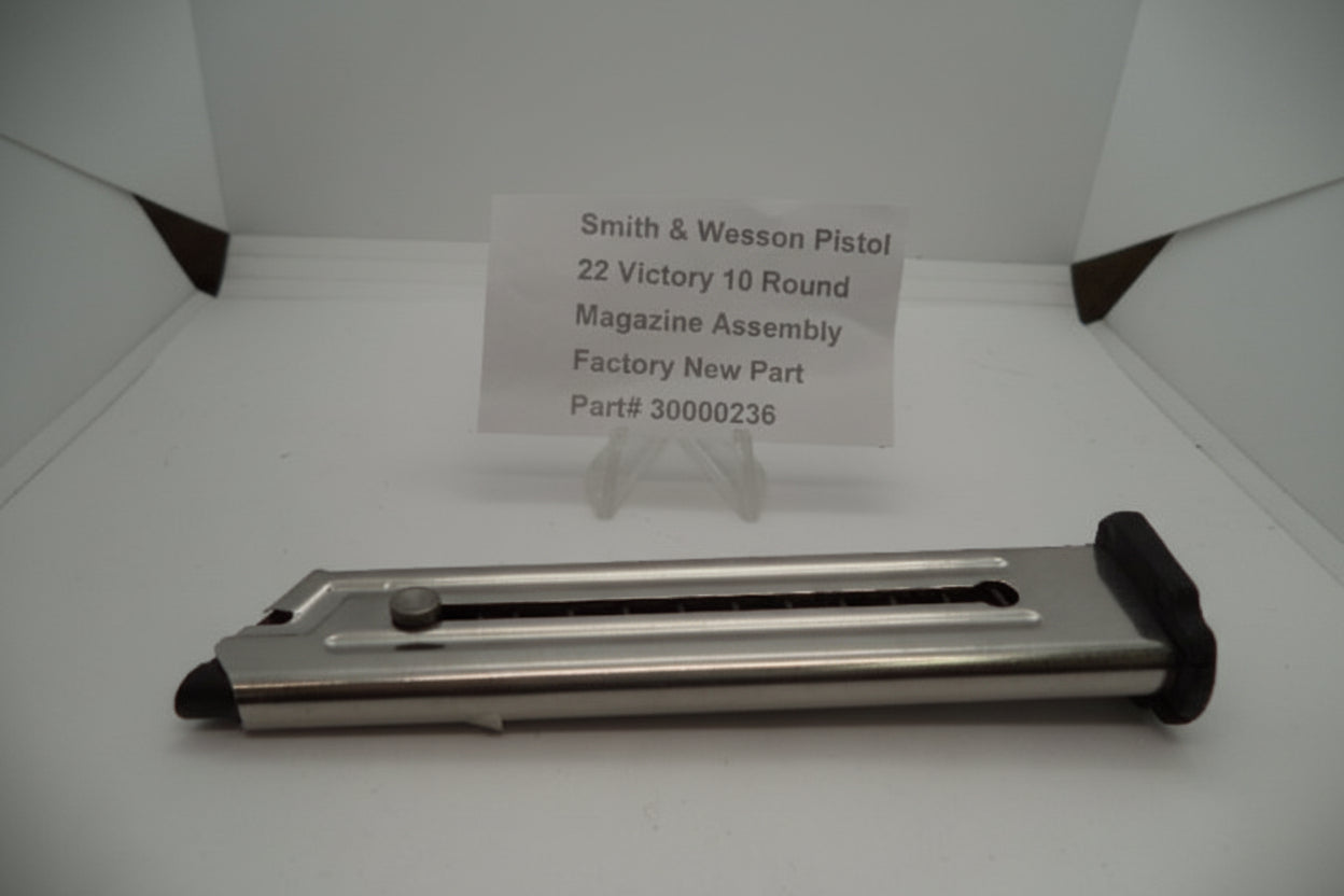 Smith and Wesson Pistol 22 Victory 10 Round Magazine Assembly with factory new part label, displayed in a white box.