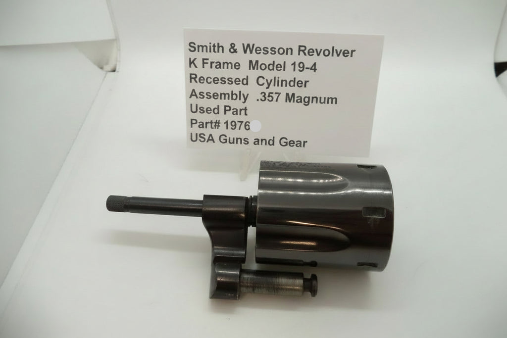 Smith & Wesson K Frame Model 19-4 Recessed Cylinder for .357 Magnum, displayed on a white background with product information sign.