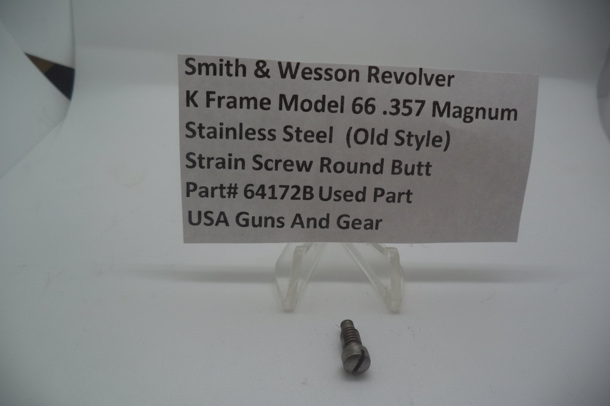 The image shows a used Smith & Wesson K Frame Model 66 stainless steel strain screw round butt, with the text describing the product's model, material, and usage information.