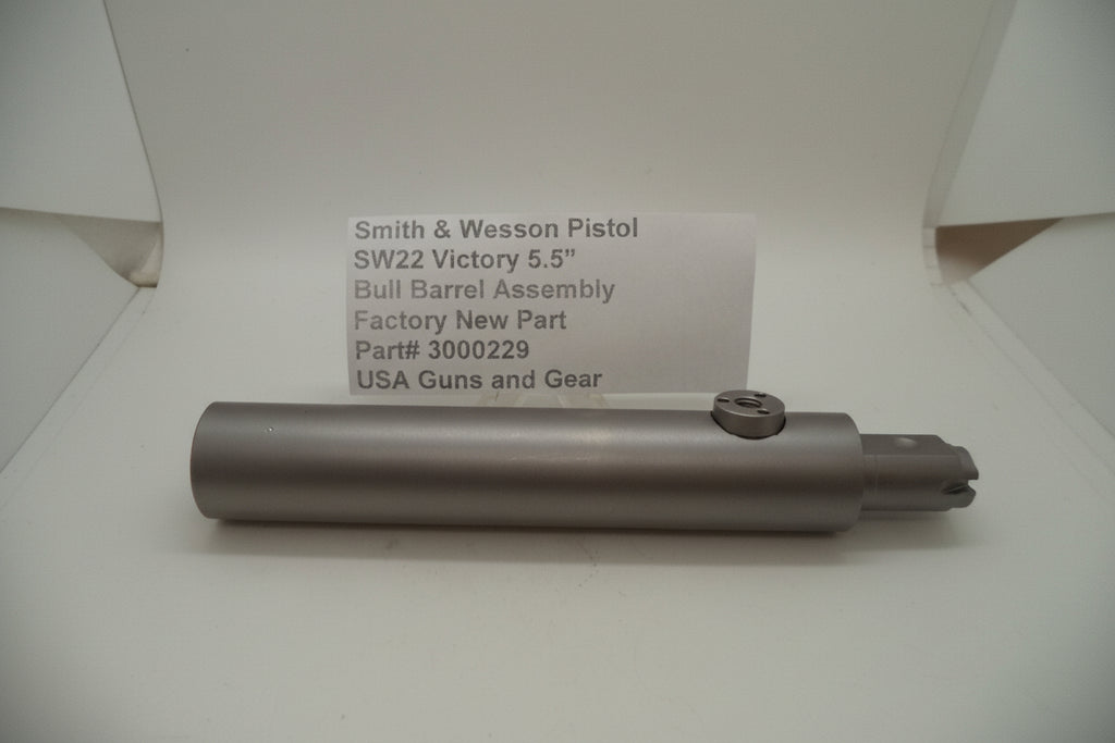 Smith & Wesson Pistol SW22 Victory 5.5" Bull Barrel Assembly, displayed in its packaging with a label detailing the part number, model, price, and the brand's website.