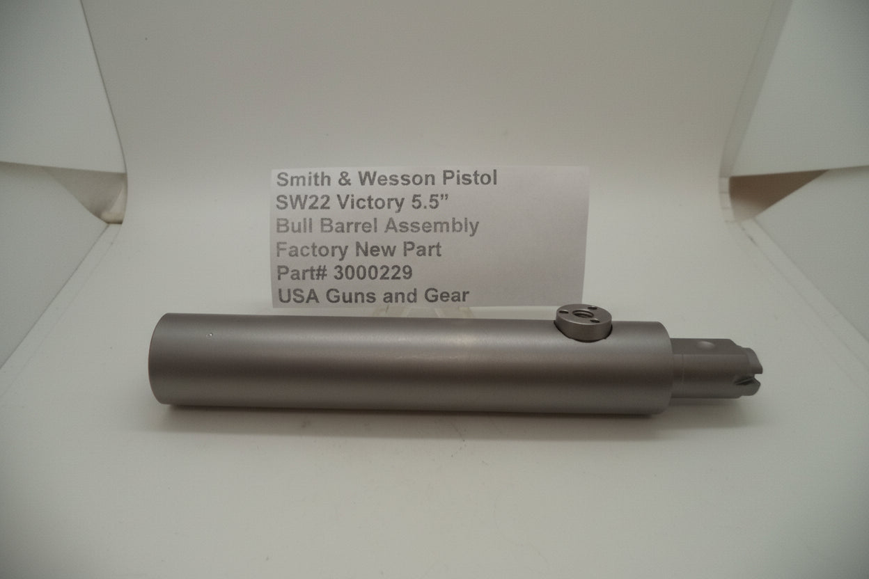 Smith & Wesson Pistol SW22 Victory 5.5" Bull Barrel Assembly, displayed in its packaging with a label detailing the part number, model, price, and the brand's website.